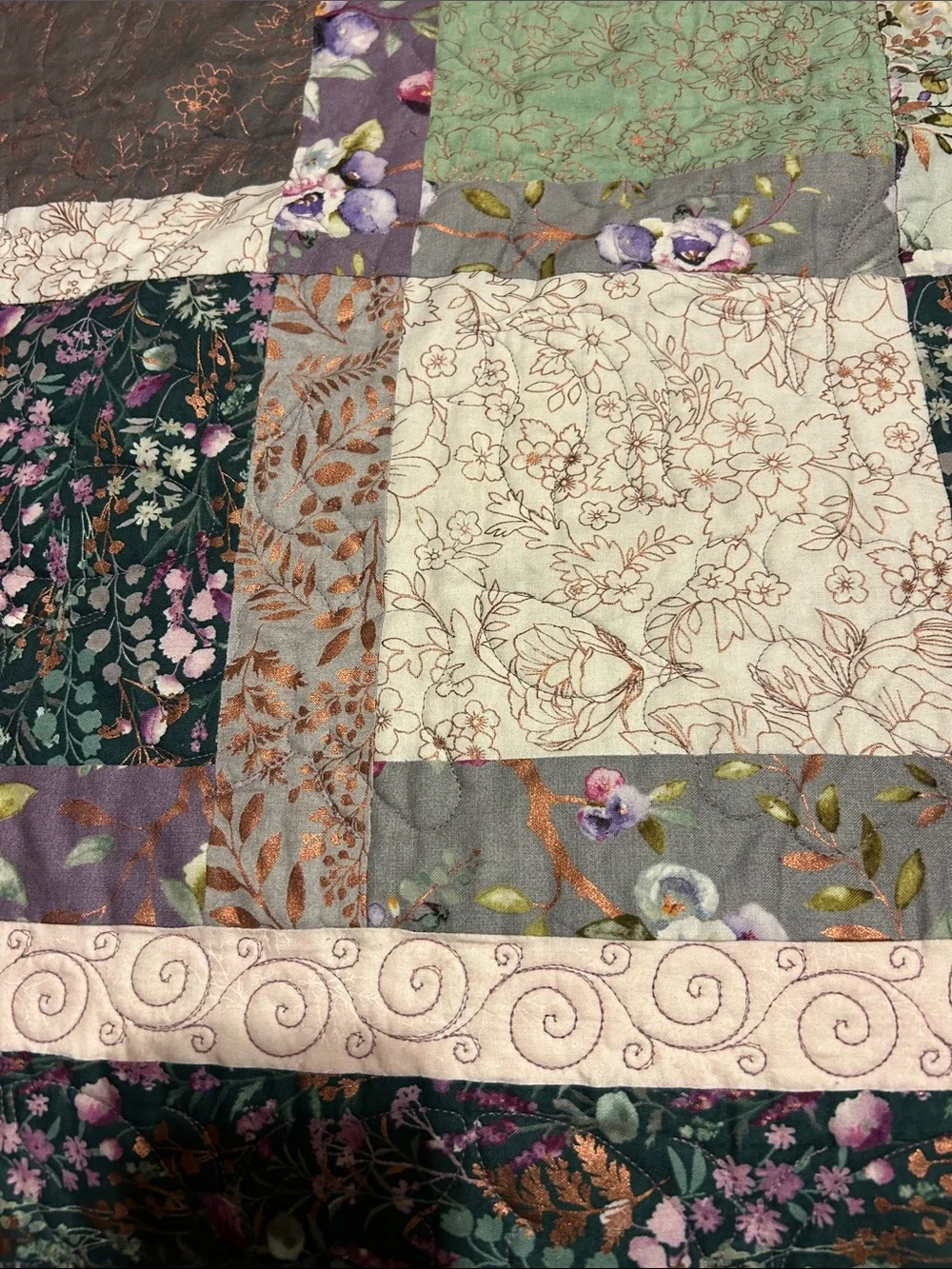 ONE OF A KIND - HANDCRAFTED Quilt in Shades of Purples, Green and Cream